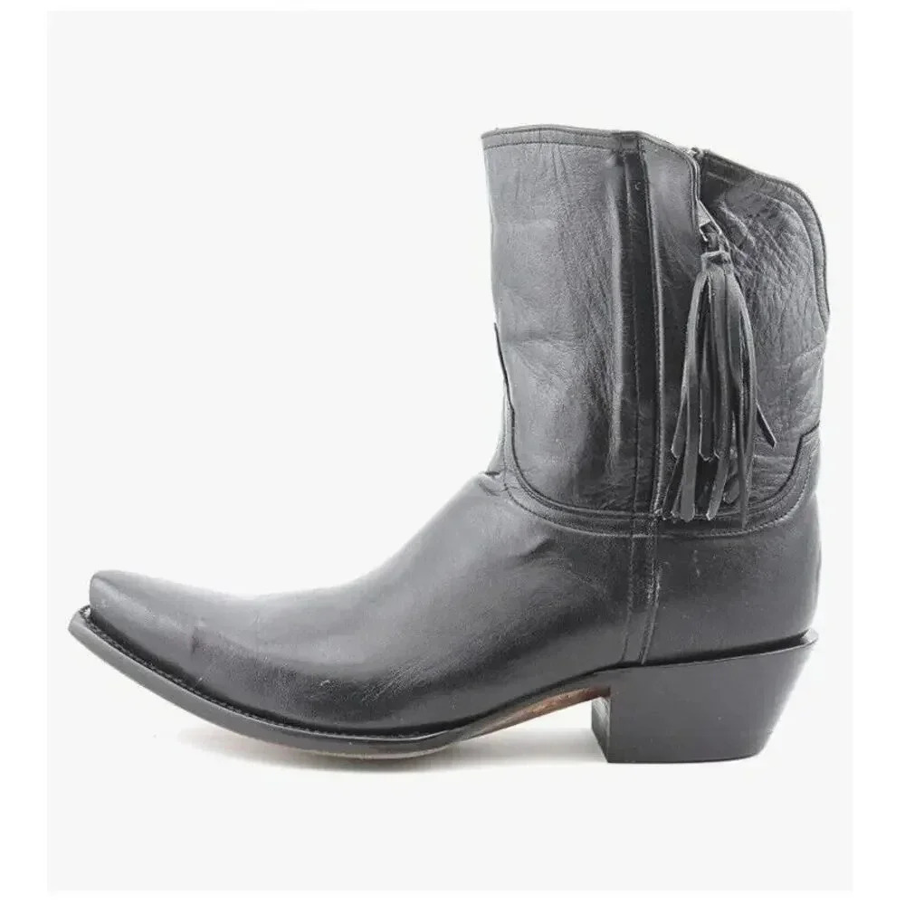 Womens Lucchese Low Cowboy Black Leather Boots M4907 Tassles Size 8 B